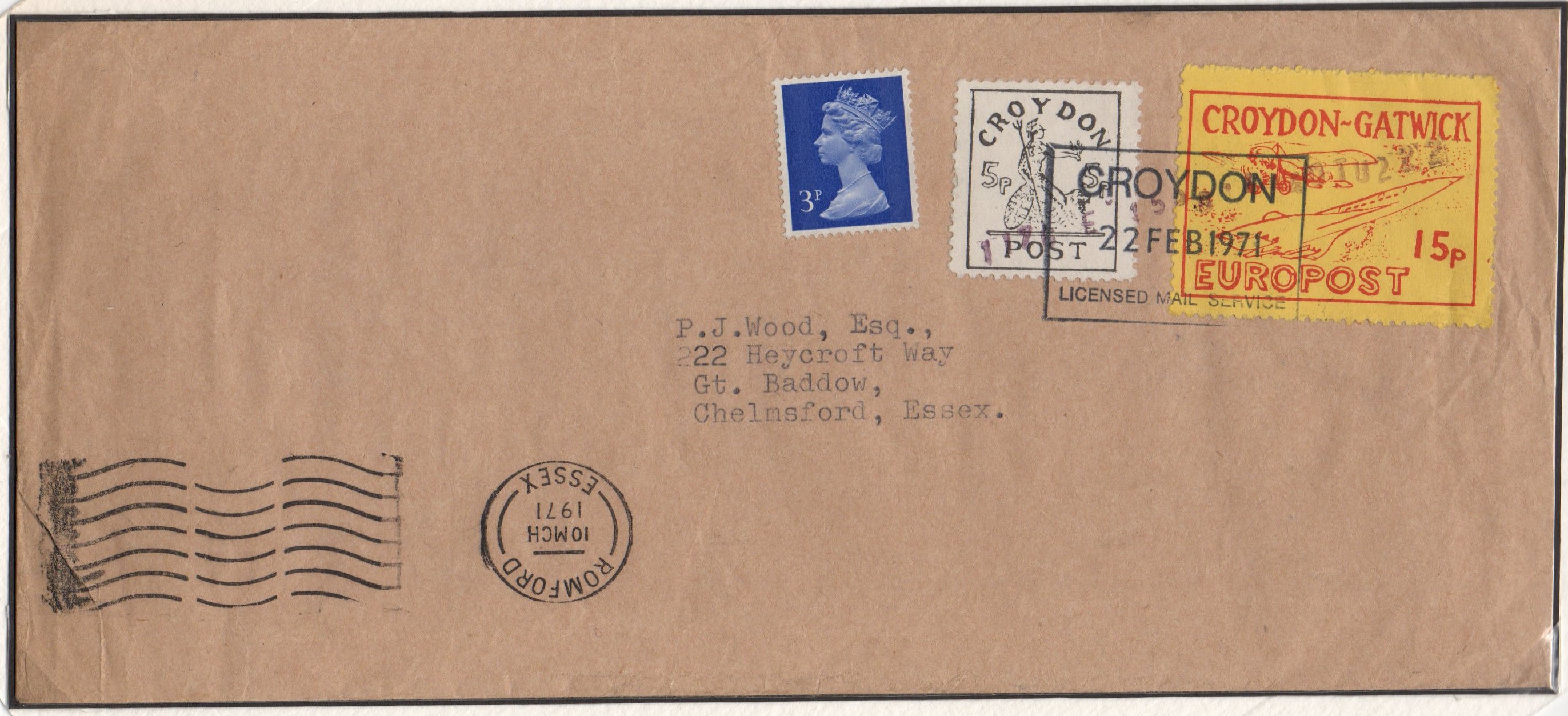 1971 Croydon Gatwick Strike Post cover with multiple CGP franking, Feb 22nd 1971 to Great Baddow, Essex